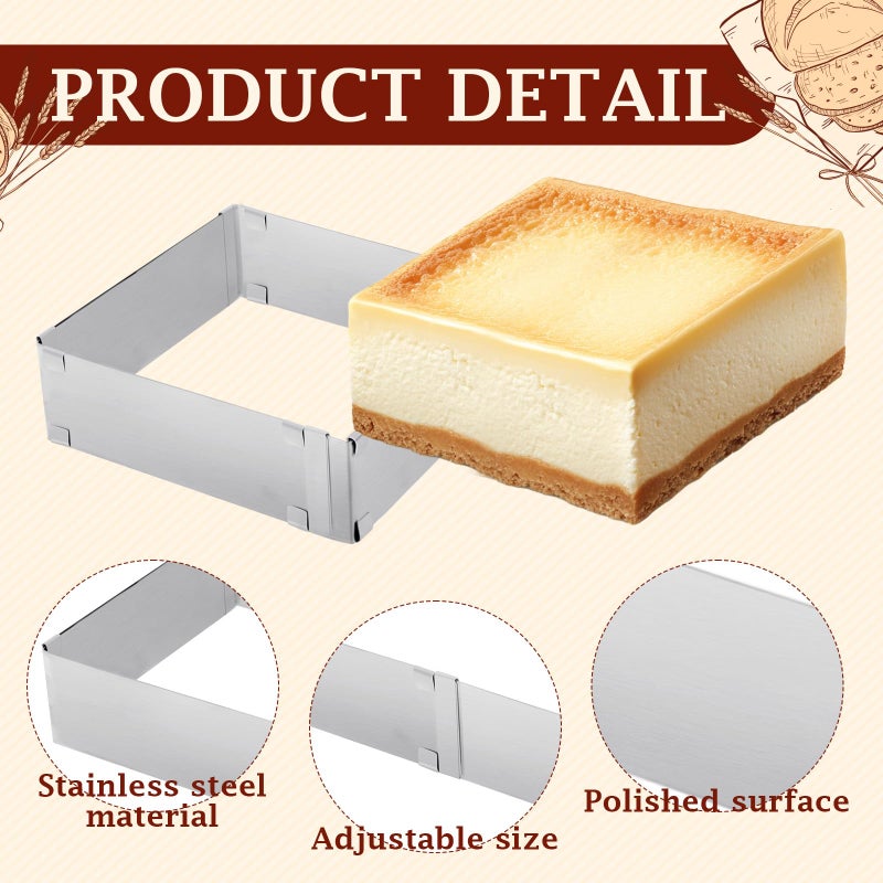 EORTA Stainless Steel Cake Mold Adjustable Cake Ring from 5.9" to 11", Square Shaped Mousse Cake Cutter Baking Mold Pastry Baking Tool for Birthday Cake, Party Dessert, Handmade Snack - Image 4